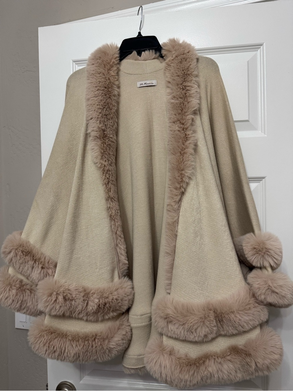Never Worn Luxurious Faux-Fur Trim Cape Sweater - Cream